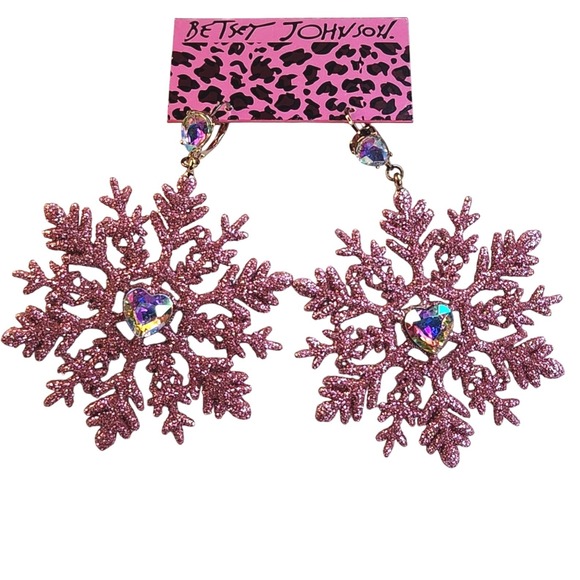 Betsey Johnson Jewelry - BETSEY JOHNSON Pink Snowflake Earrings‎ Glitter Crystal Drop Winter Christmas